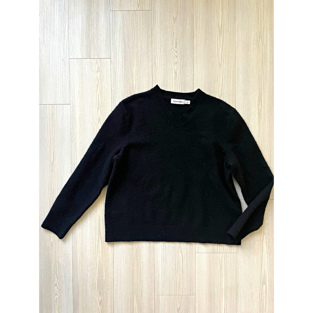 Calvin Klein Women's Black V-Neck Knit Pullover Wool Blend Sweater Sz L Capsule